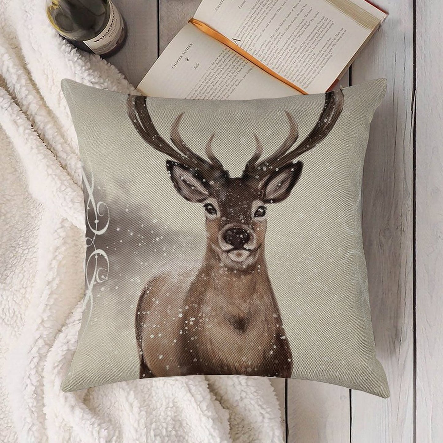 Winter Deer Linen Throw Pillow Cover