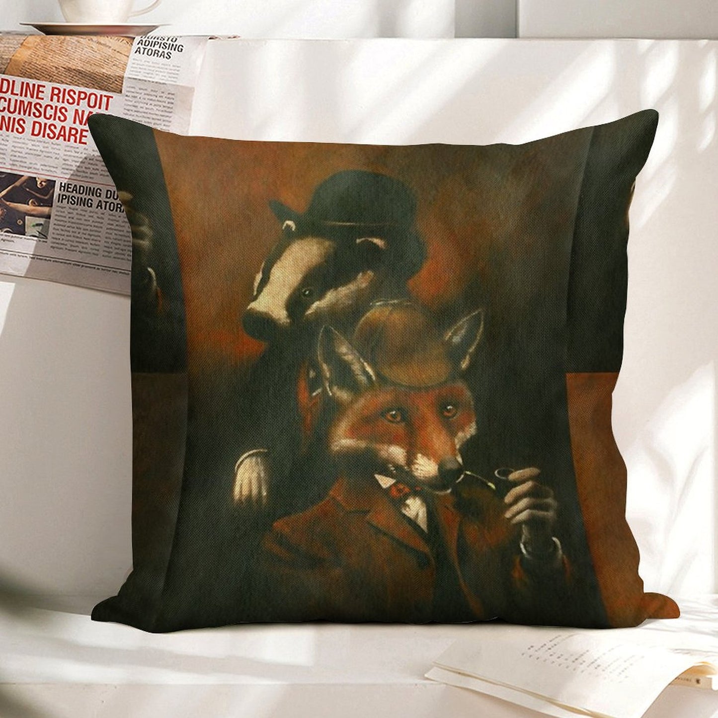 Fox And Badger Holmes And Watson Linen Throw Pillow Cover