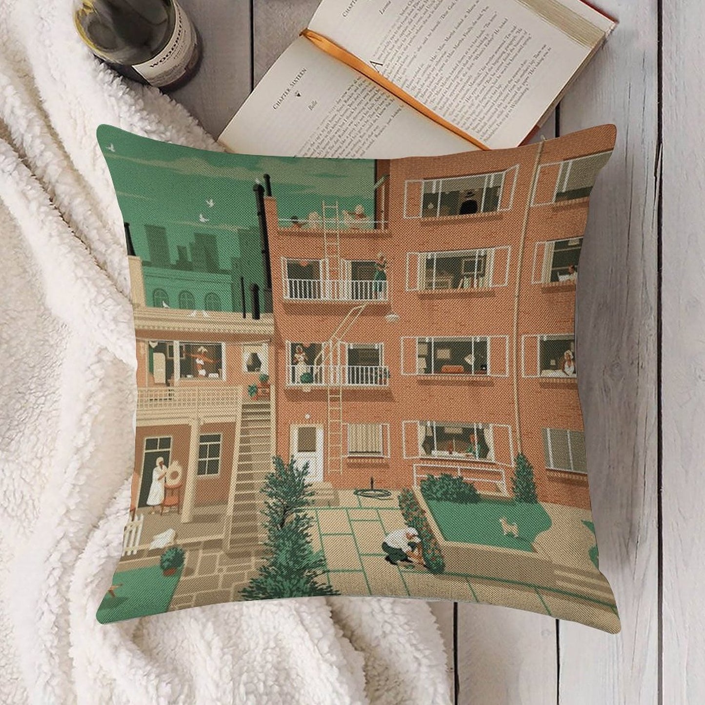Travel Posters - Hitchcock's Rear Window - Greenwitch Village New York Linen Throw Pillow Cover