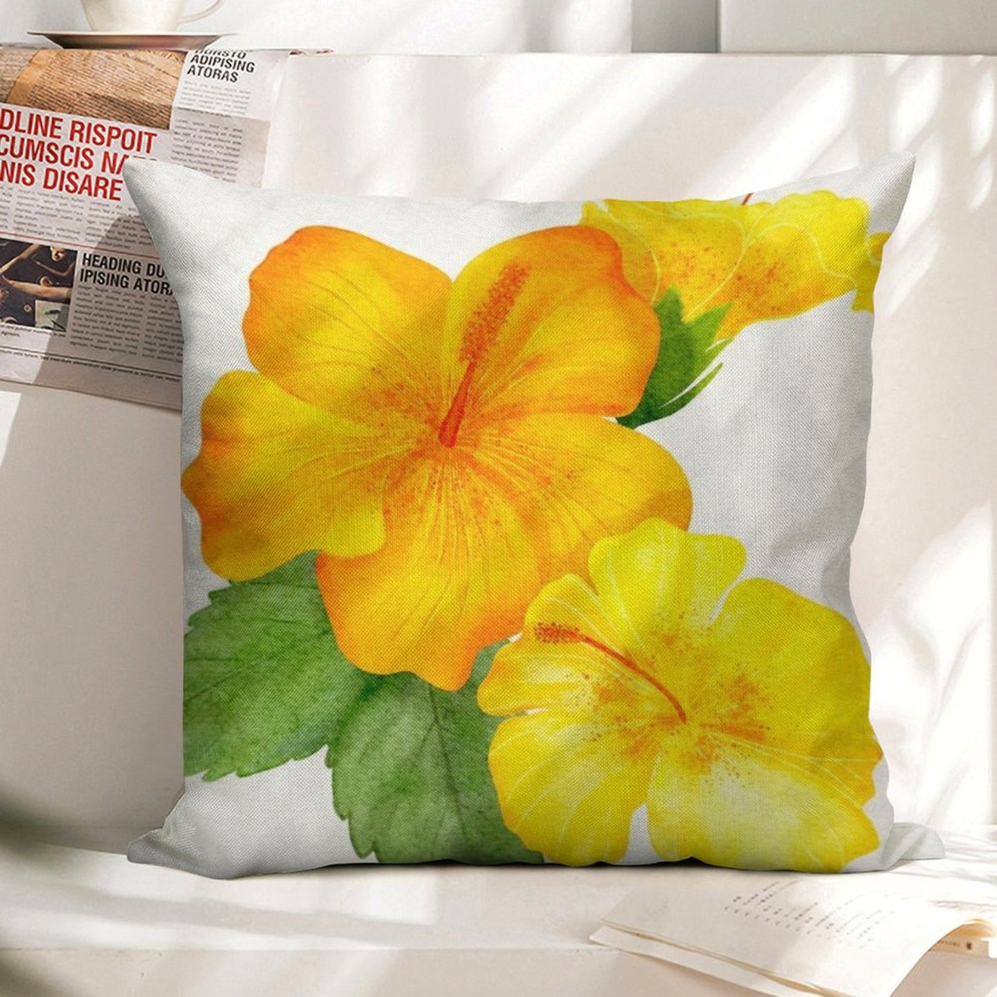Yellow Hibiscus Watercolor Linen Throw Pillow Cover