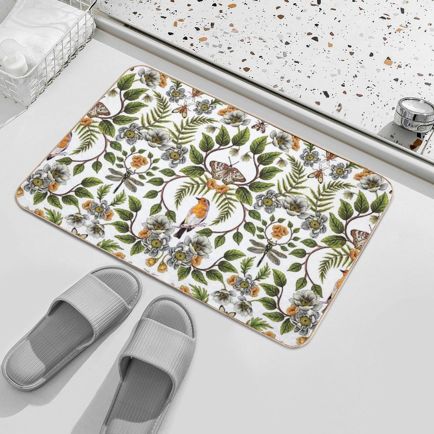 Spring Reflection - FloralBotanical Pattern W Birds, Moths, Dragonflies & Flowers Bath Mat