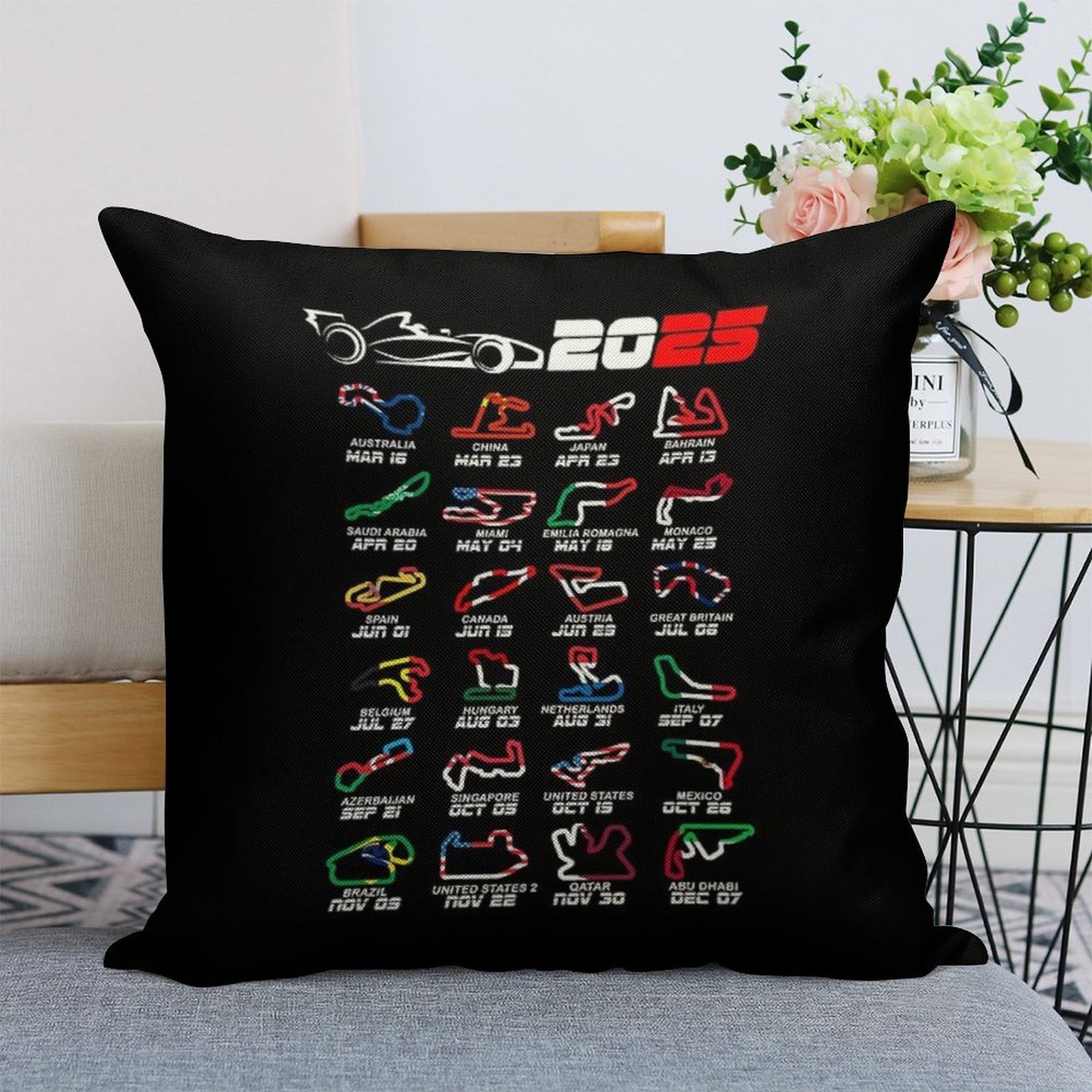 Calendar Formula Race Cars 2025 Circuits Colors Linen Throw Pillow Cover