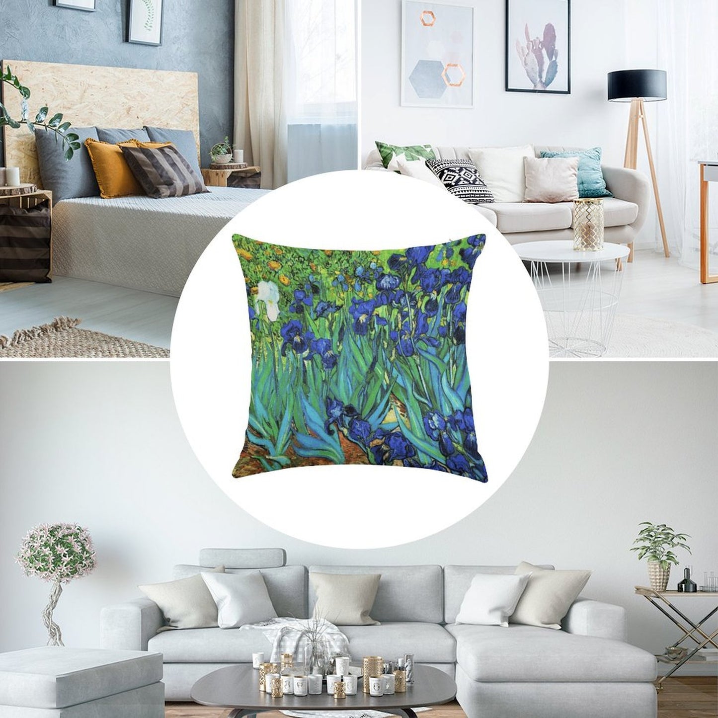 Van Gogh HDR Garden Irises Linen Throw Pillow Cover
