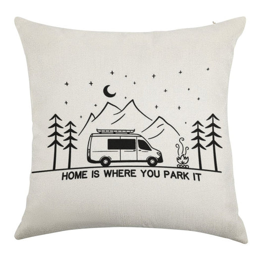 Home Is Where You Park It  Vanlife  Campervan  Camping  Outdoors  RV Linen Throw Pillow Cover