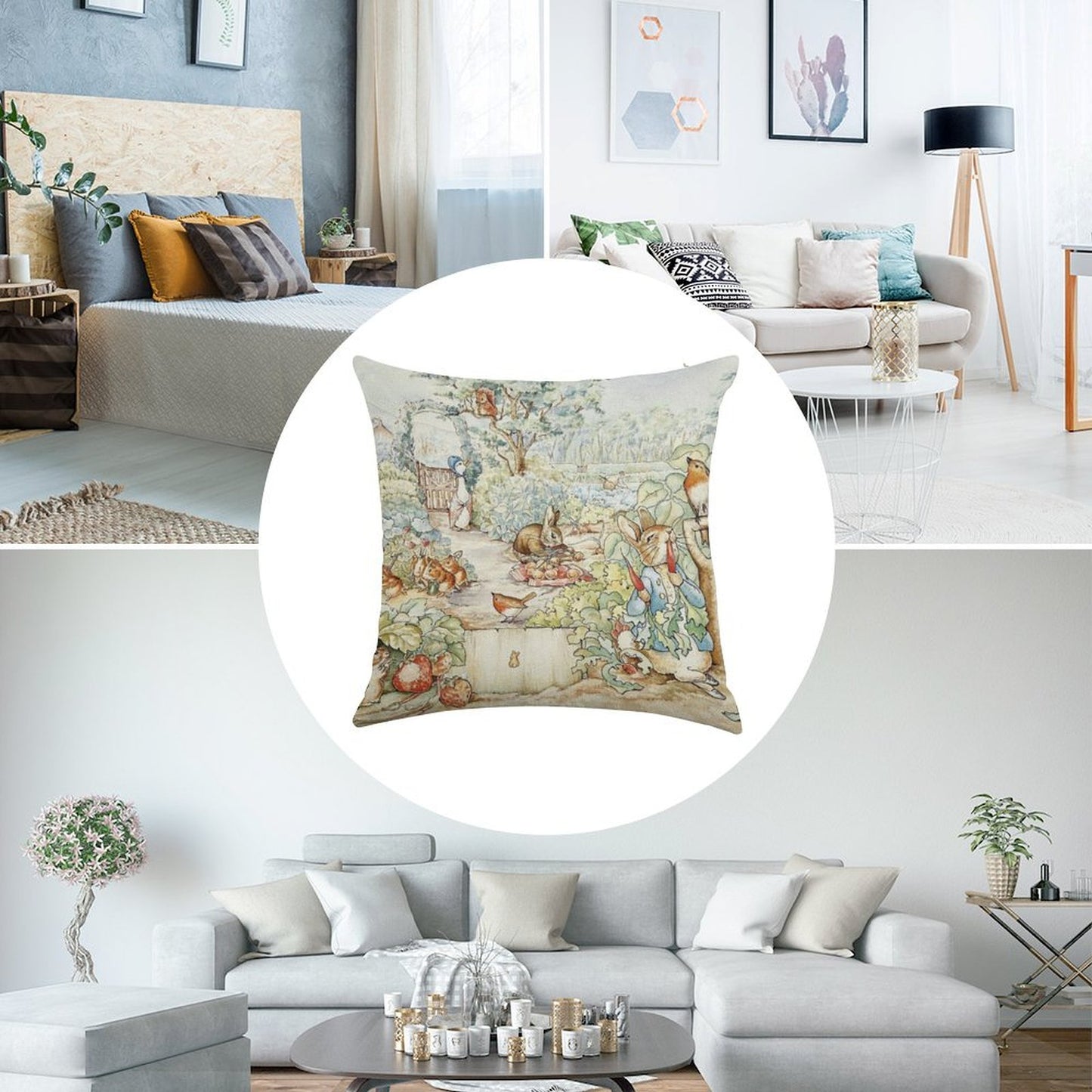 Beatrix Potter Storybook Characters in Garden Linen Throw Pillow Cover