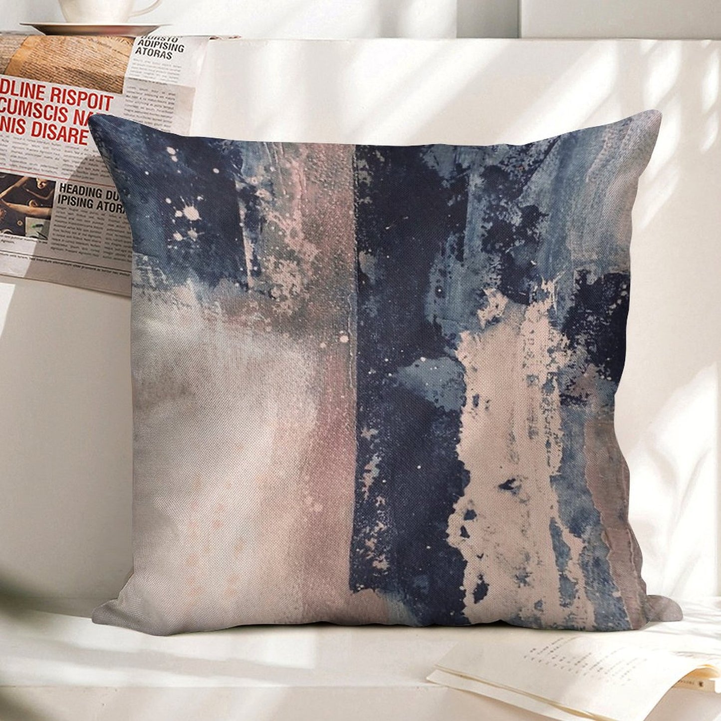 Horizontal Pink Navy Linen Throw Pillow Cover