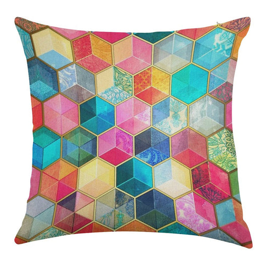 Crystal Bohemian Honeycomb Cubes - Colorful Hexagon Pattern Linen Throw Pillow Cover