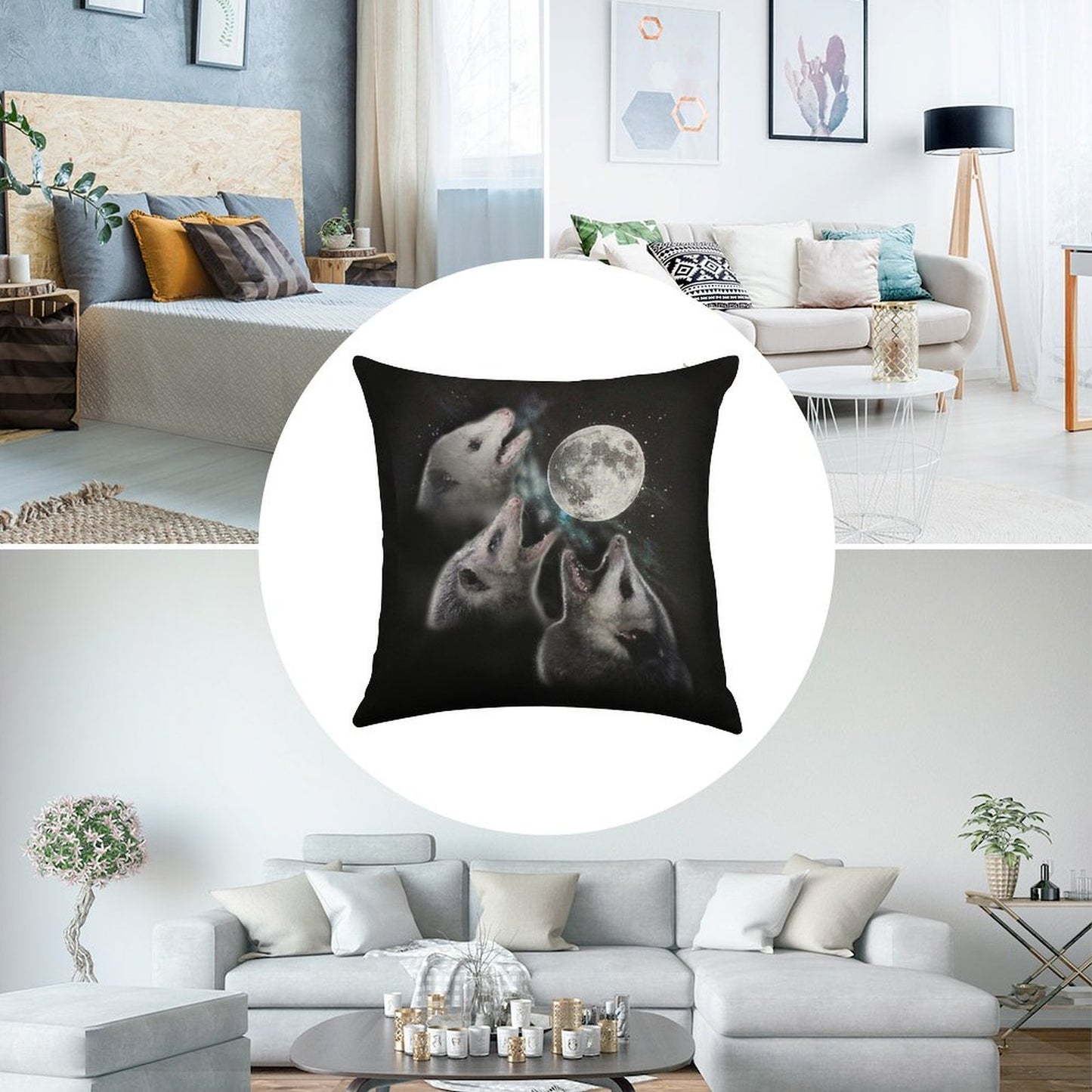 3 Opossum Moon Linen Throw Pillow Cover