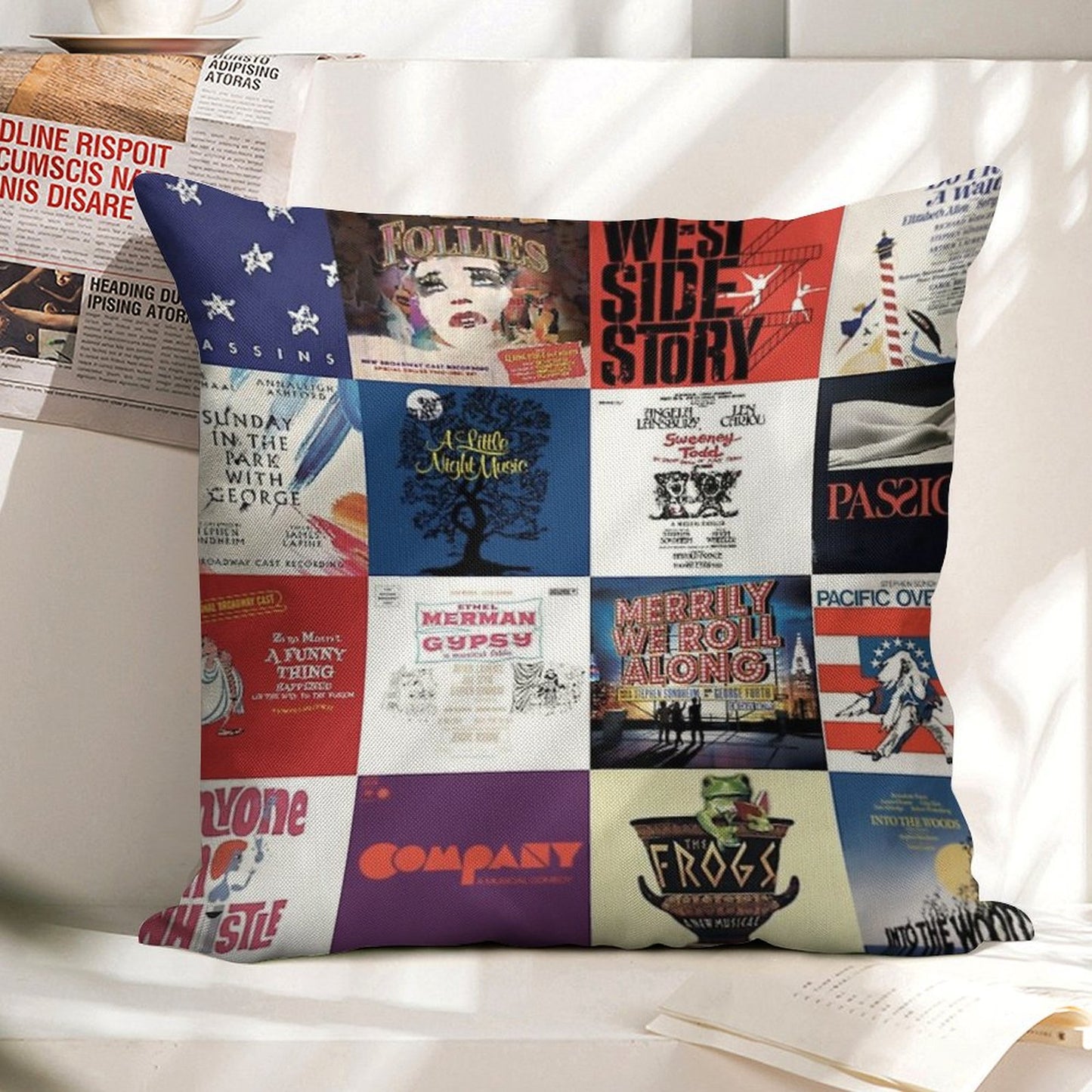 Sondheim Collage Linen Throw Pillow Cover
