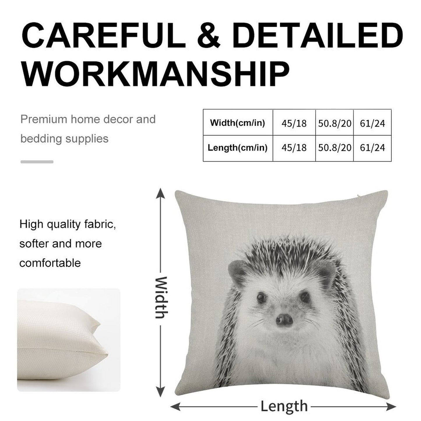 Hedgehog - Black & White Linen Throw Pillow Cover
