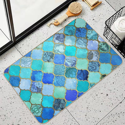Cobalt Blue, Aqua & Gold Decorative Moroccan Tile Pattern Bath Mat