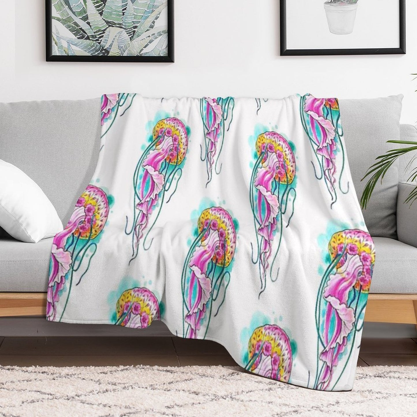 Floral Jellyfish Watercolour Throw Blanket