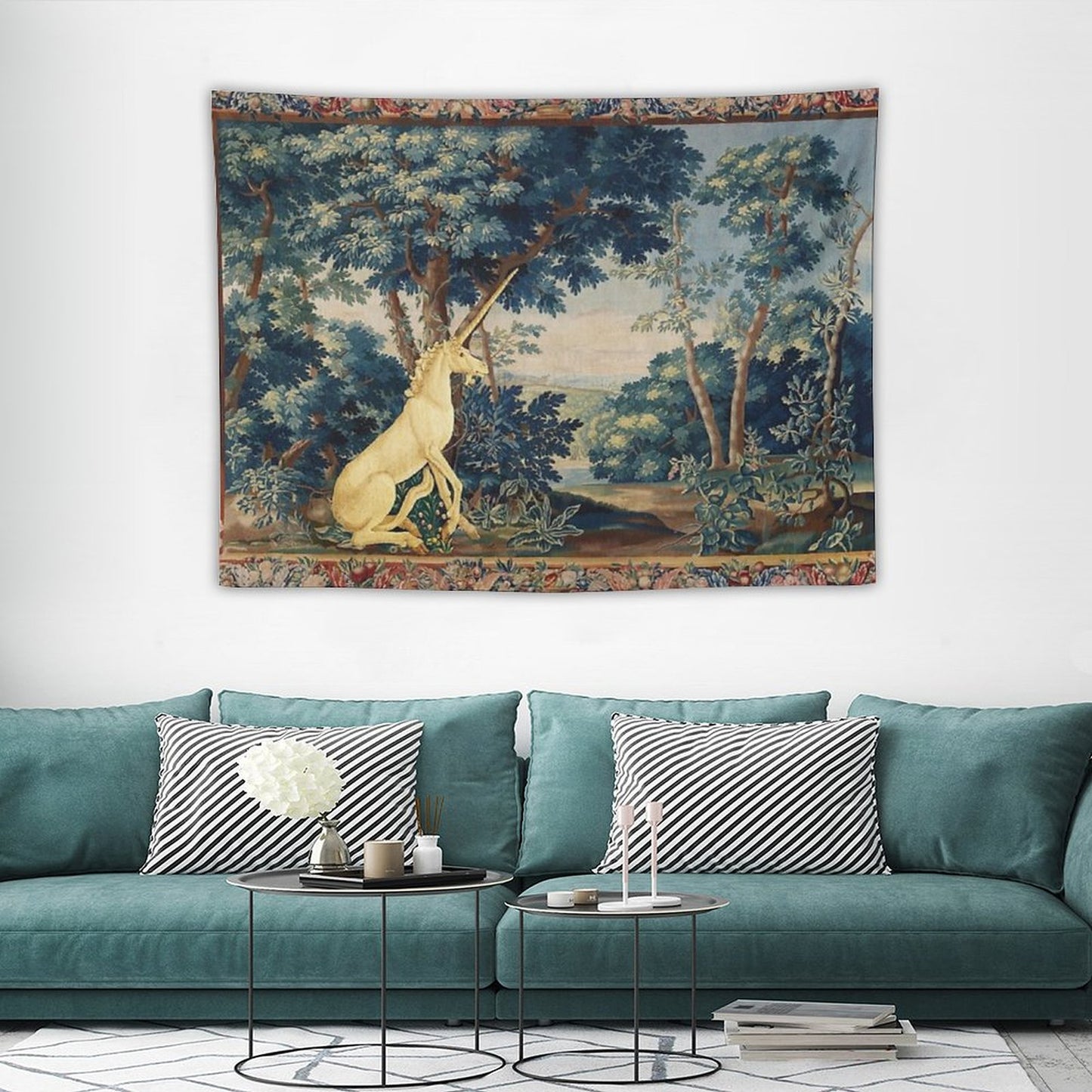 UNICORN IN WOODLAND LANDSCAPE AMONG GREENERY AND TREES Tapestry