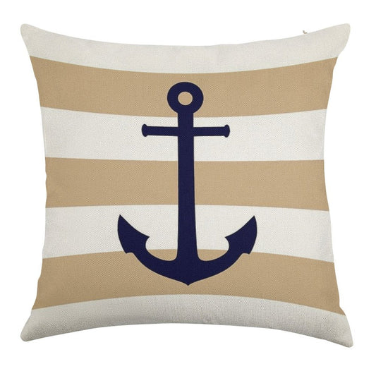 Nautical Navy Blue Anchor On Tropical Tan Stripes Linen Throw Pillow Cover