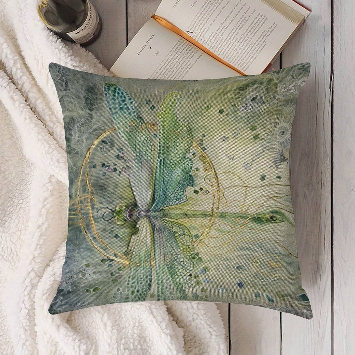 Beautiful Enchanted Dragonfly Linen Throw Pillow Cover
