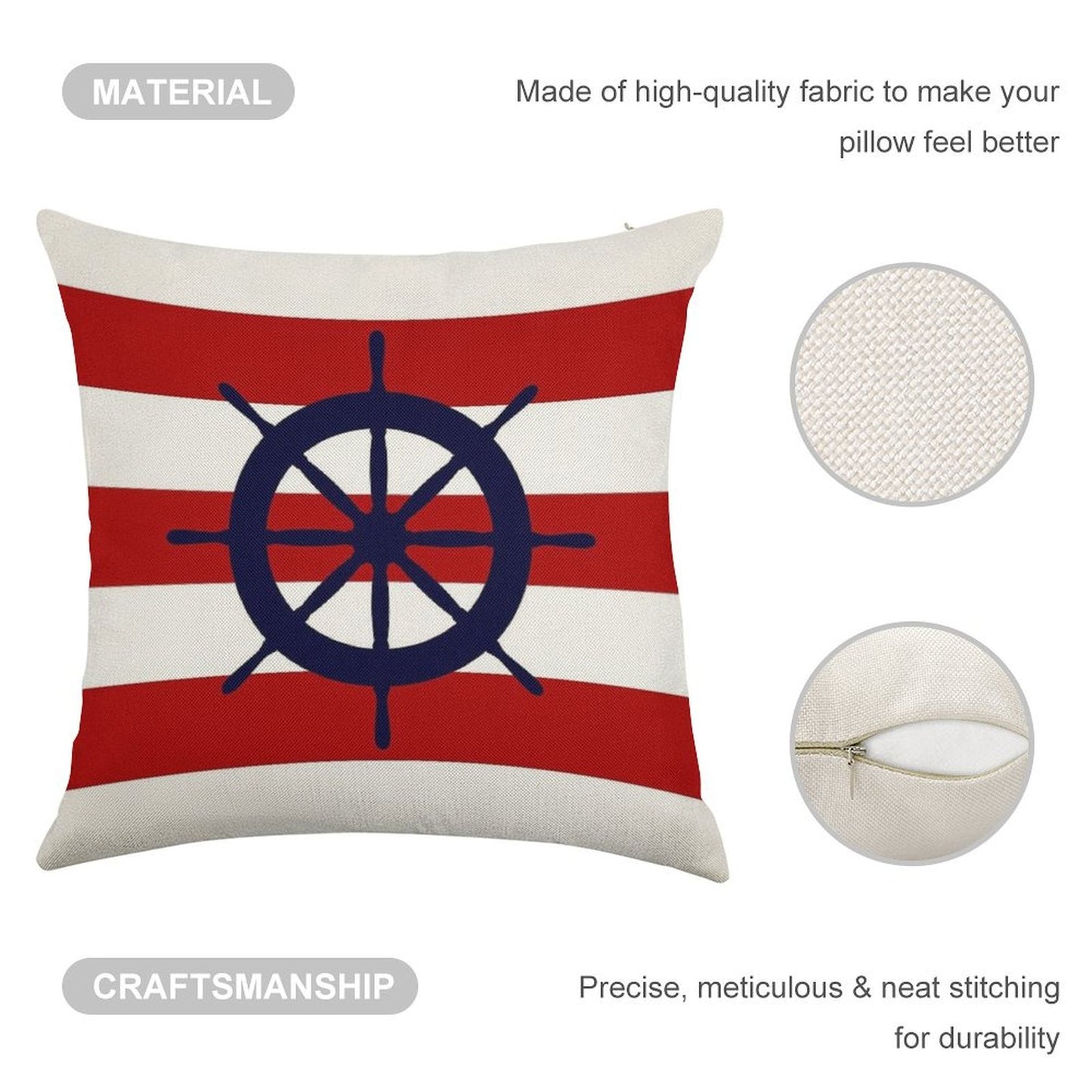 Nautical Navy Blue Ship's Steering Wheel On Red Stripes Linen Throw Pillow Cover