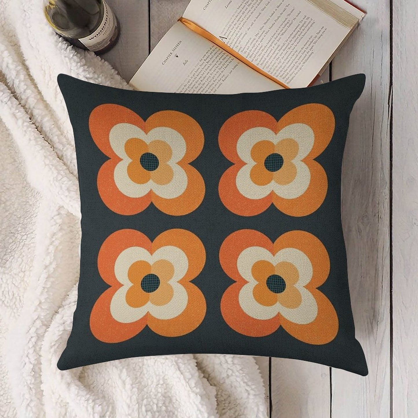 Retro Flowers - Orange And Charcoal Linen Throw Pillow Cover