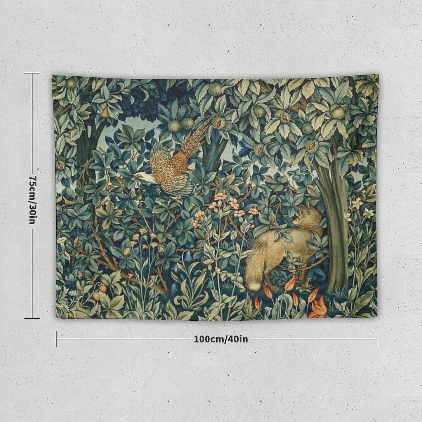 GREENERY, FOREST ANIMALS Pheasant And Fox Blue Green Floral Tapestry Tapestry