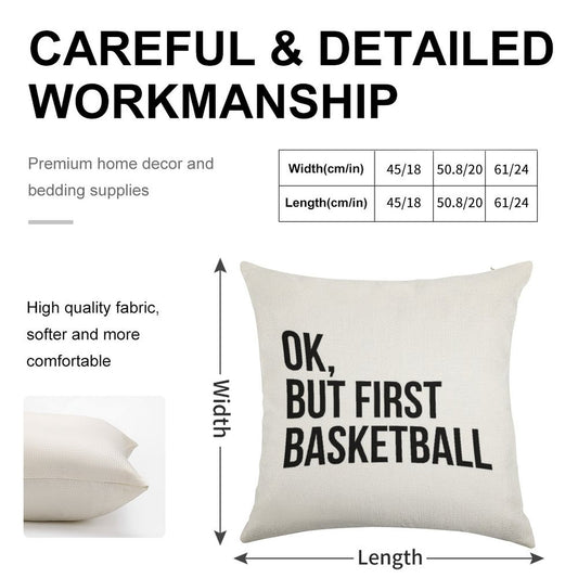 BUT FIRST BASKETBALL Linen Throw Pillow Cover