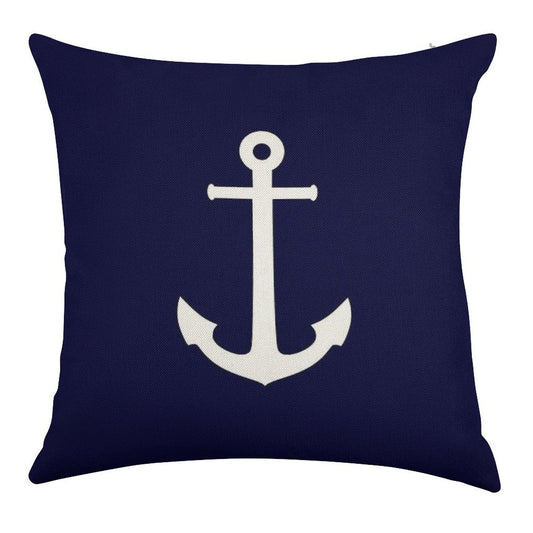 White Anchor On Navy Blue Linen Throw Pillow Cover