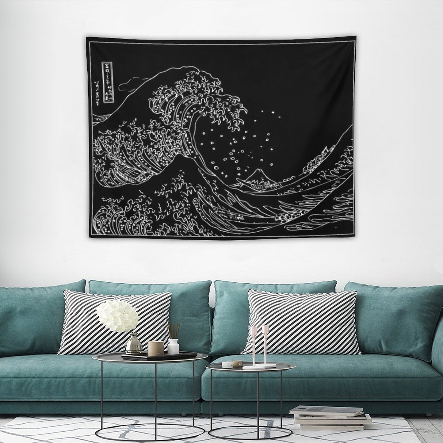 Great Wave Outline Black And White Tapestry