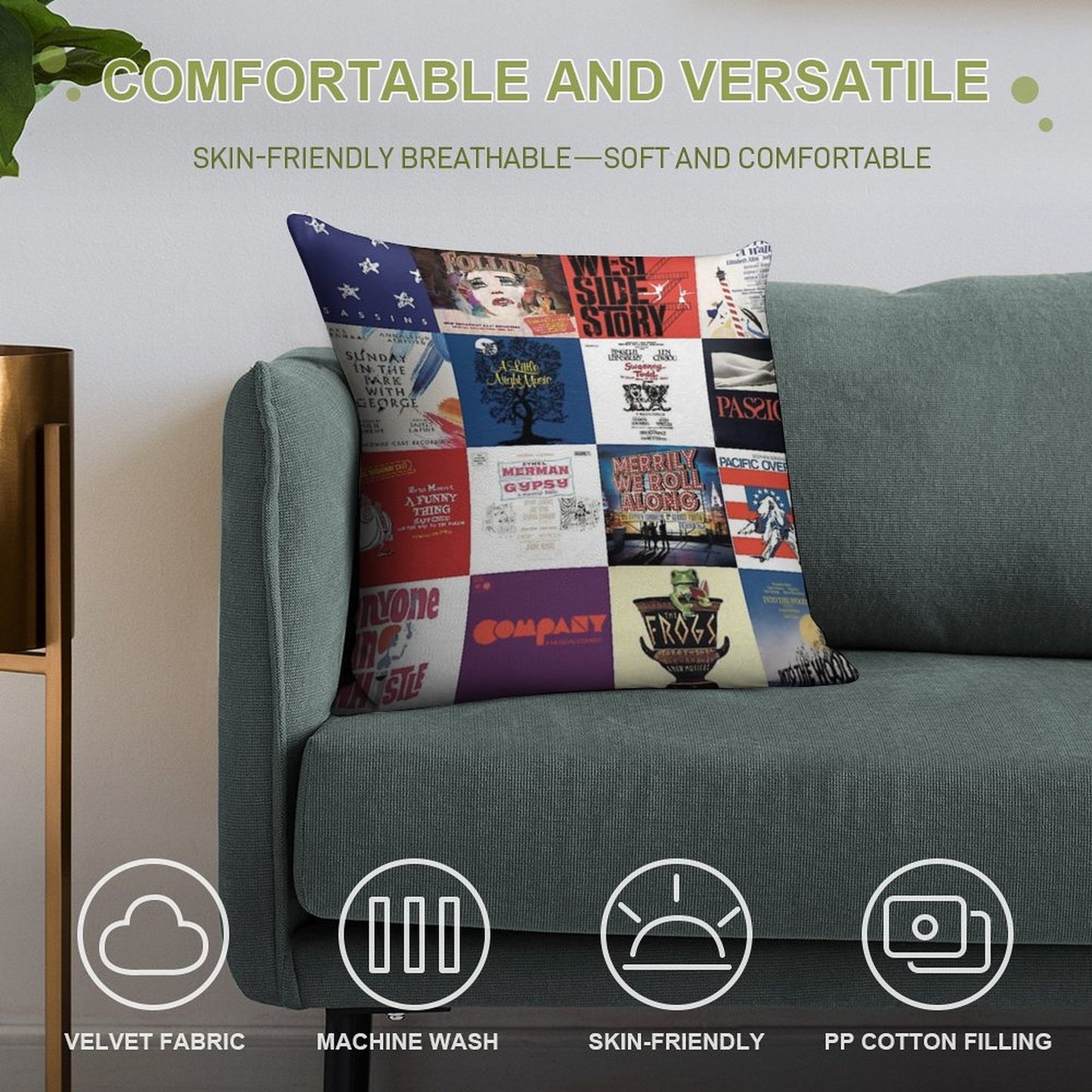 Sondheim Collage Soft Shrink-Resistant Throw Pillow