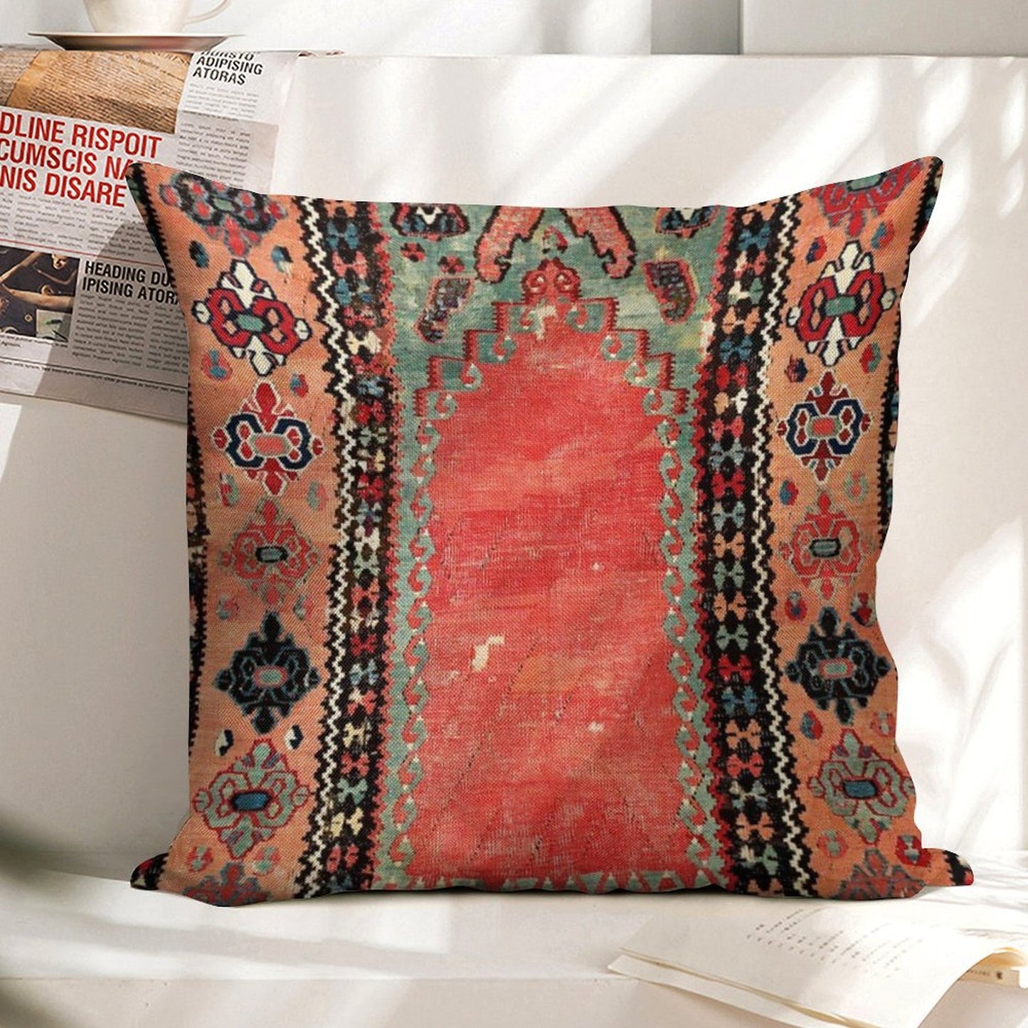 Sivas  Antique Cappadocian Turkish Niche Kilim Print Linen Throw Pillow Cover
