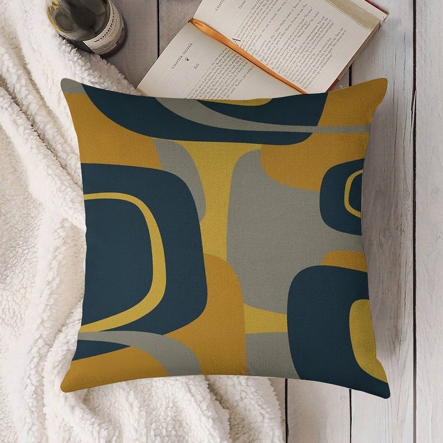 Mid Century Modern Retro Abstract Pattern in Navy Blue, Mustard Yellow, And Gray Linen Throw Pillow Cover