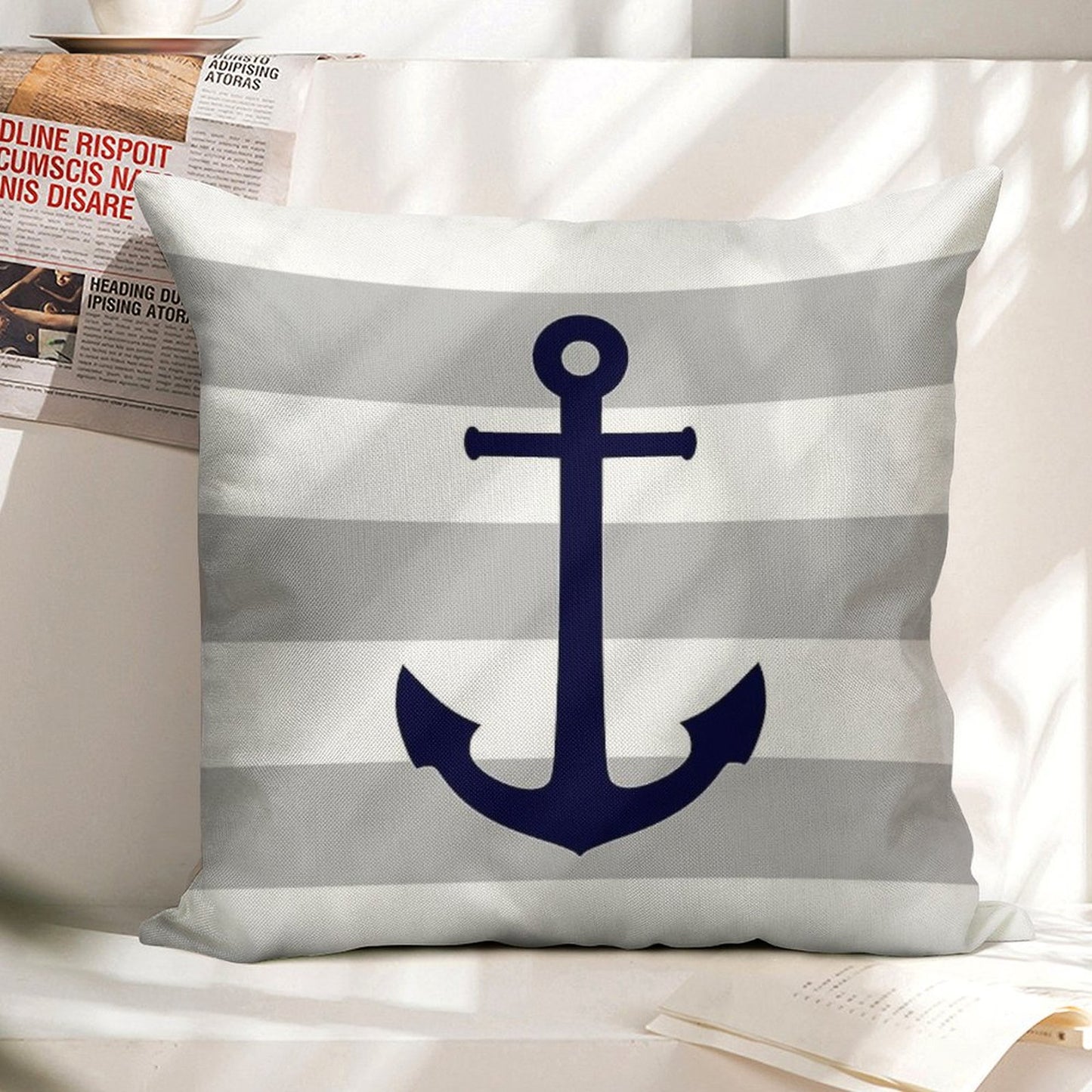 Nautical Navy Blue Anchor On Gray Stripes Linen Throw Pillow Cover