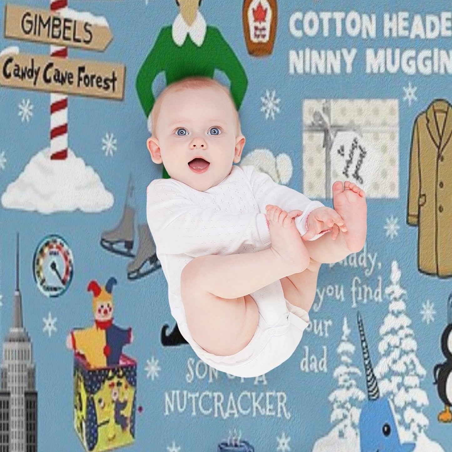 Buddy The Elf Collage, Blue Background Throw Blanket