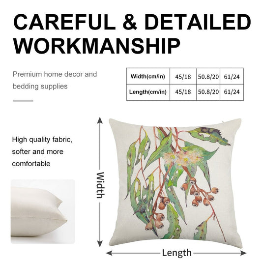 Watercolour Eucalyptus Tree Branch with White Flowers & Gumnuts. Linen Throw Pillow Cover