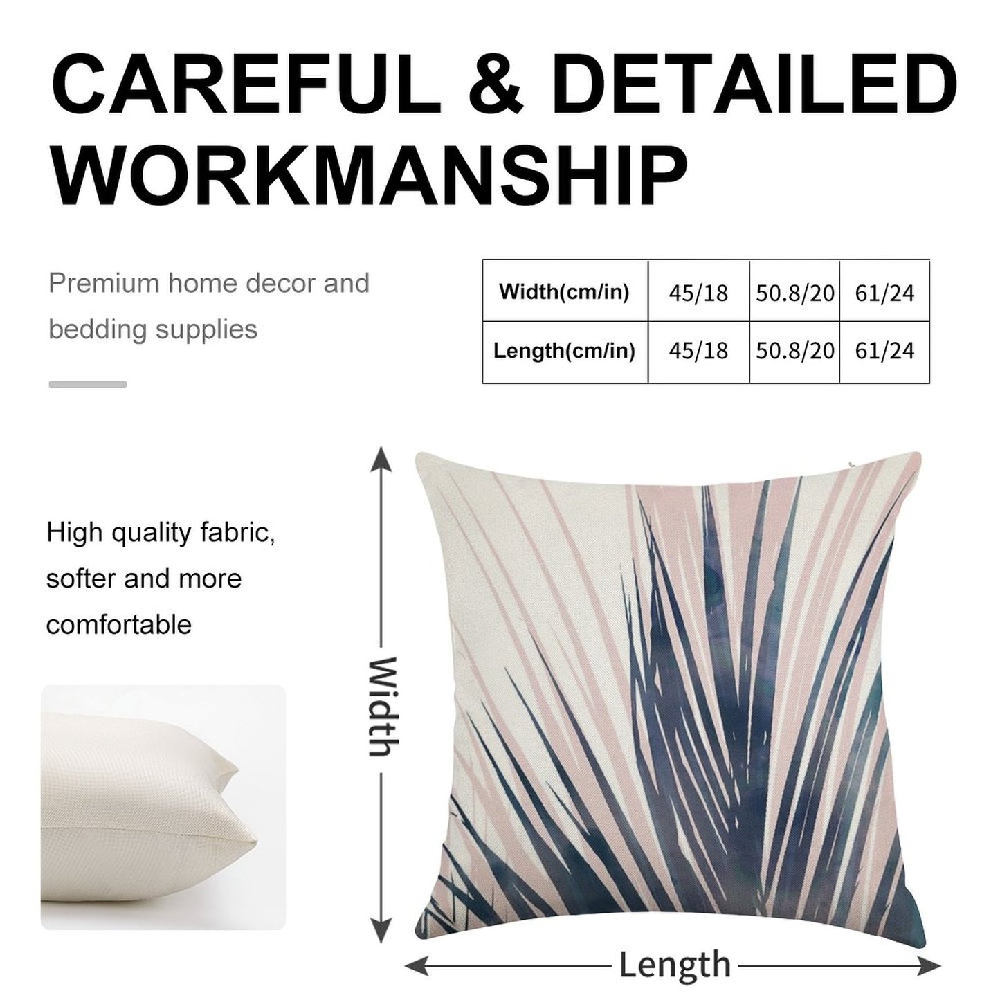 Contemporary Palm Leaf in Navy Blue And Blush Pink Linen Throw Pillow Cover
