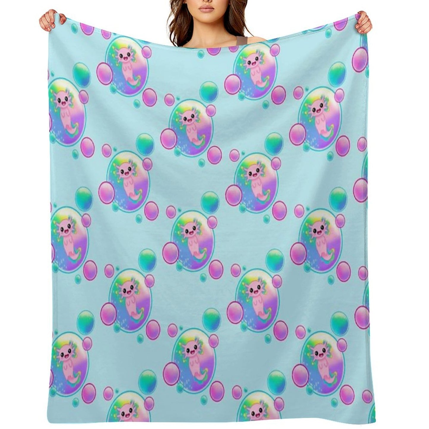 Kawaii Axolotl with Bubbles Throw Blanket