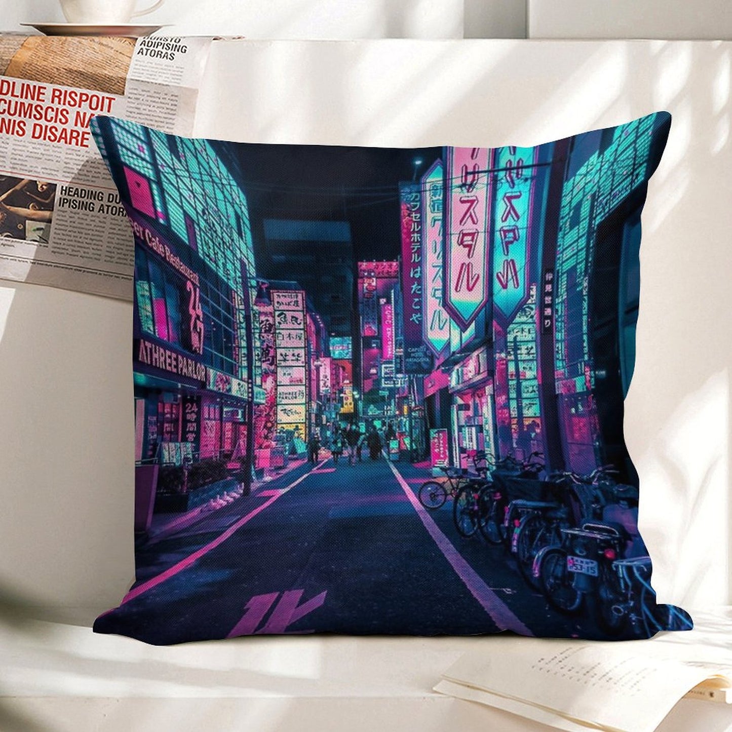 Tokyo - A Neon Wonderland Linen Throw Pillow Cover