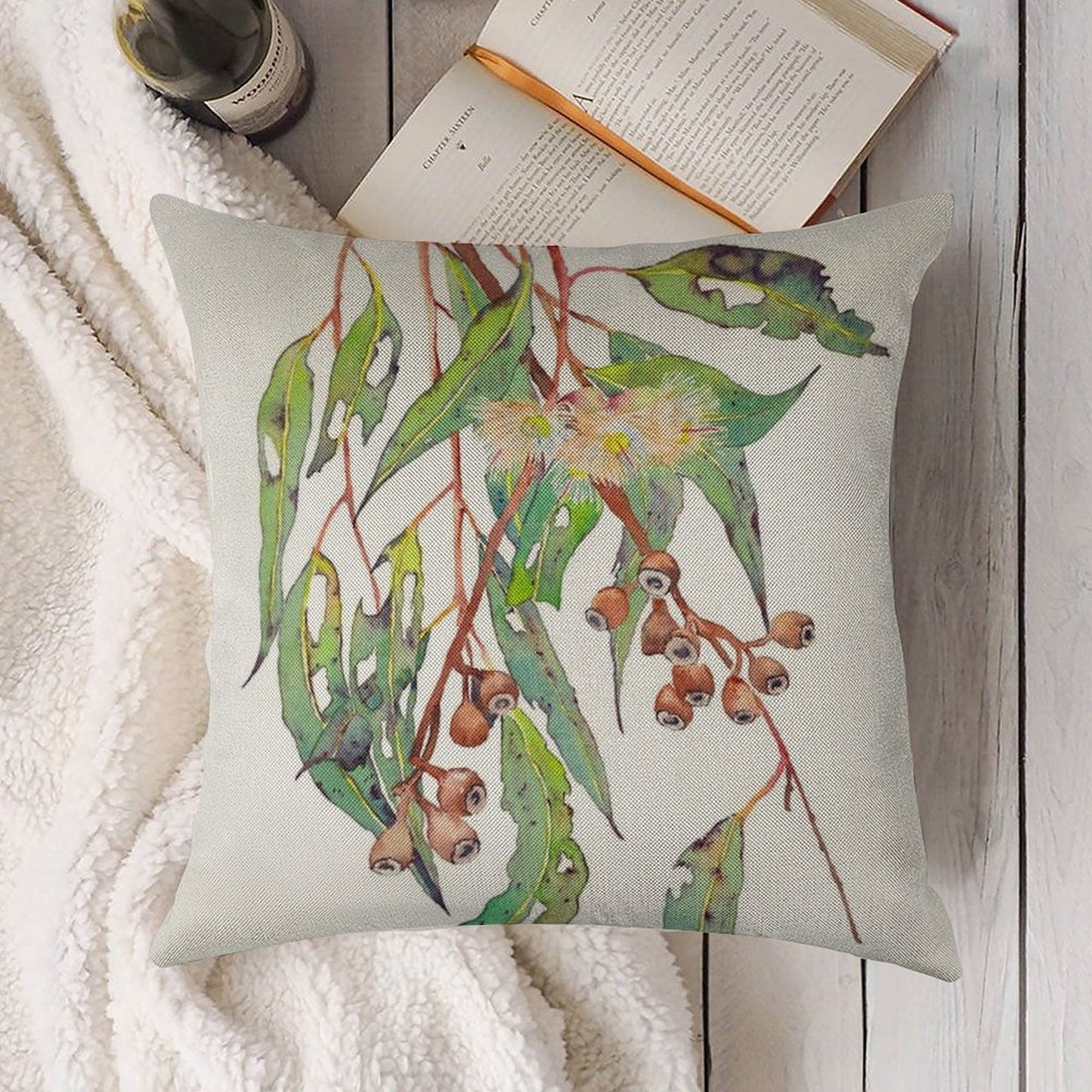 Watercolour Eucalyptus Tree Branch with White Flowers & Gumnuts. Linen Throw Pillow Cover