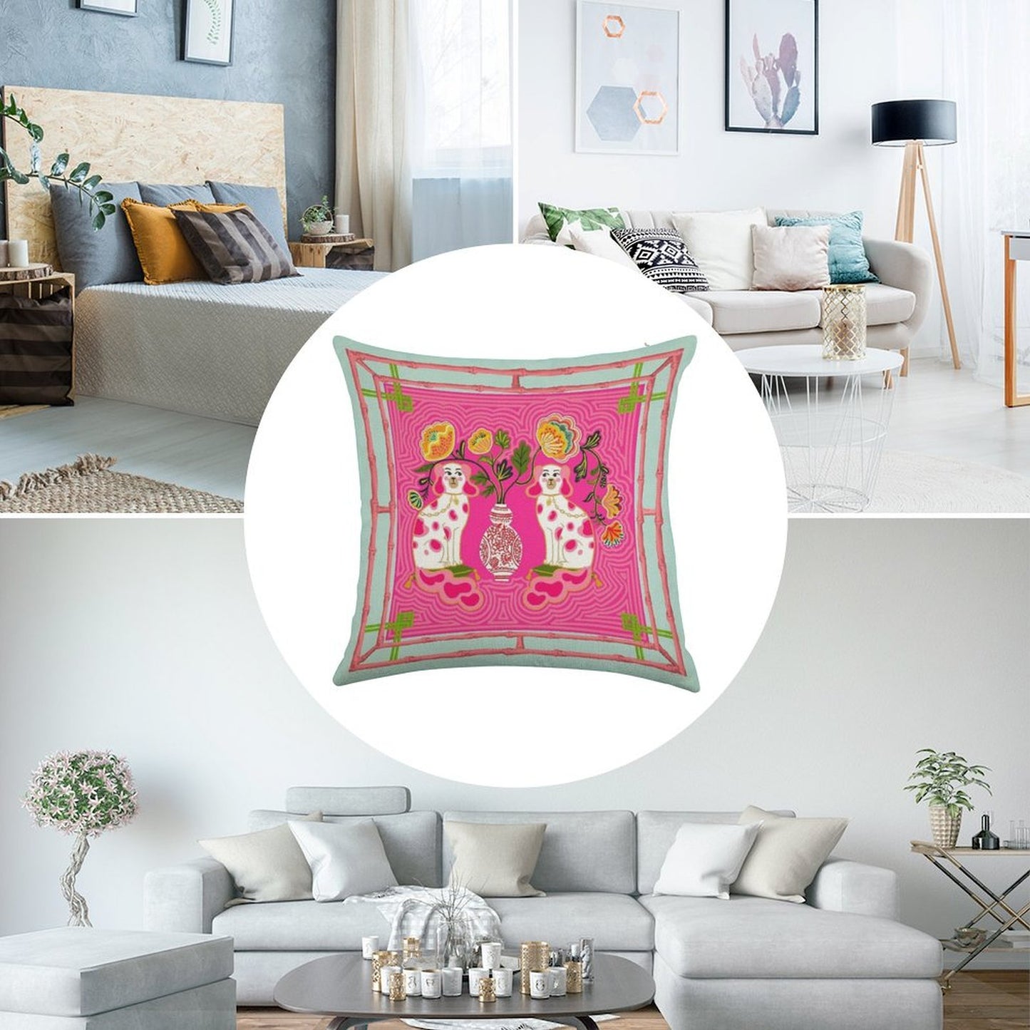 Chinoiserie Staffordshire Pink And Coral Linen Throw Pillow Cover