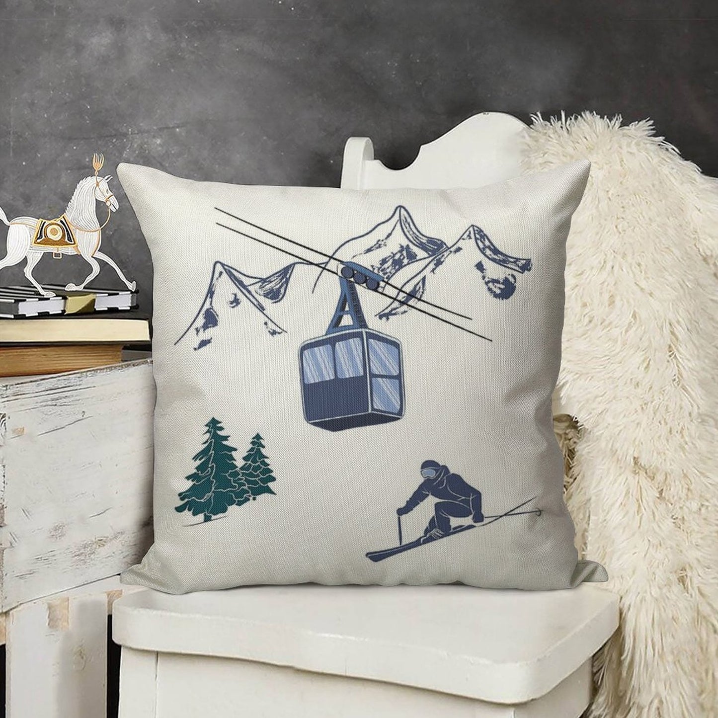 Ski Lift Resort Winter Sports Scene Linen Throw Pillow Cover