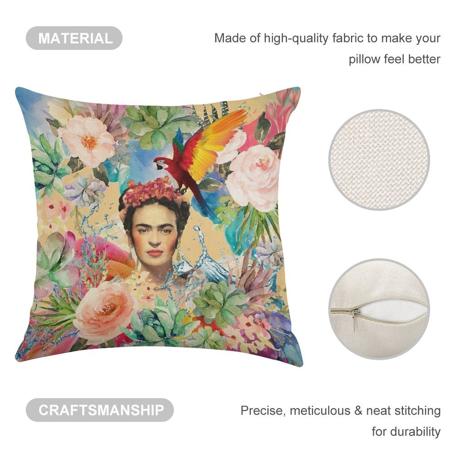 Frida Kahlo Linen Throw Pillow Cover