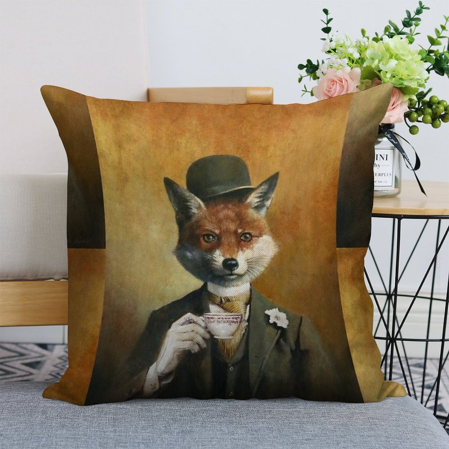 Teatime Mr Fox Linen Throw Pillow Cover