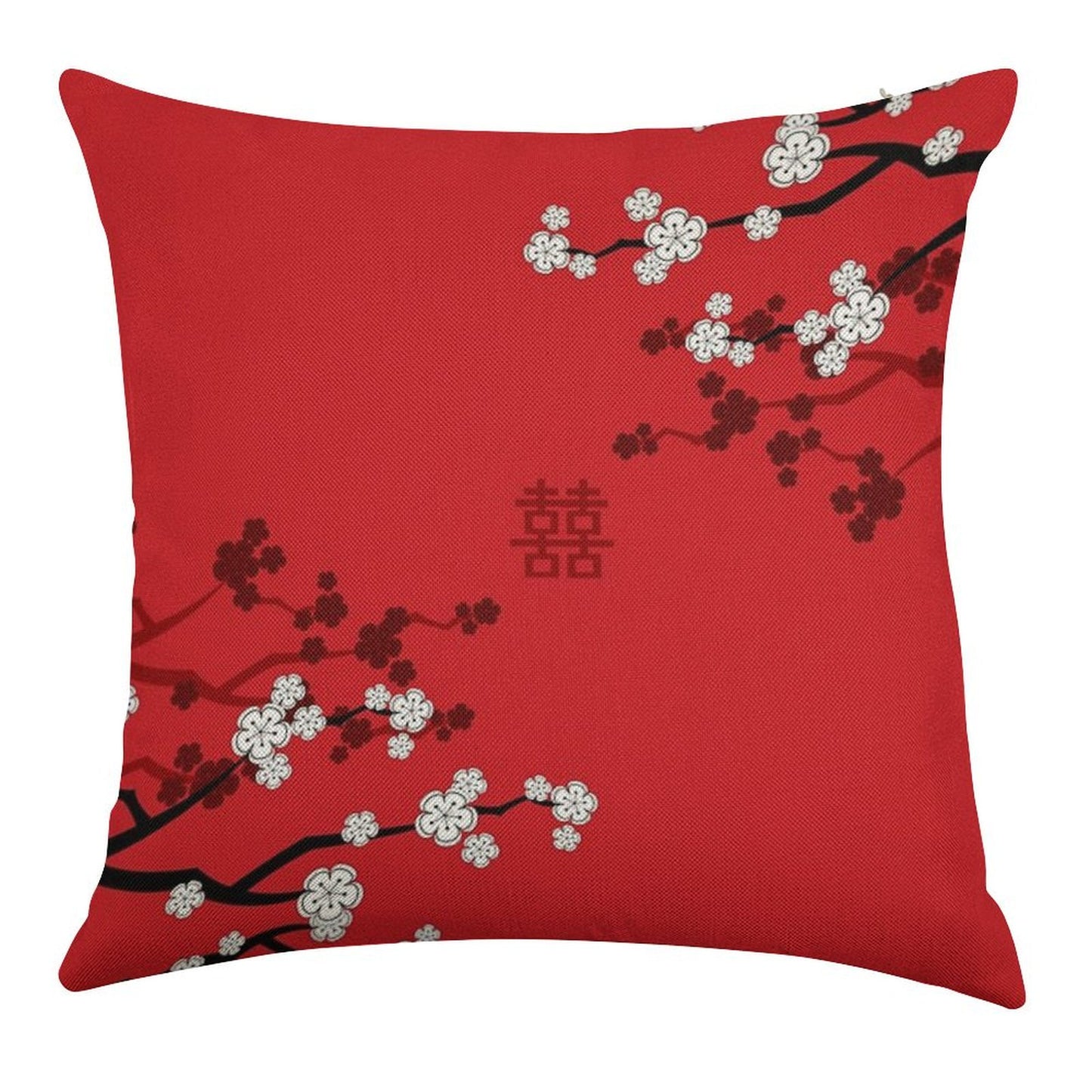 White Oriental Cherry Blossoms on Red And Chinese Wedding Double Happiness Japanese Sakura © Fatfatin Linen Throw Pillow Cover