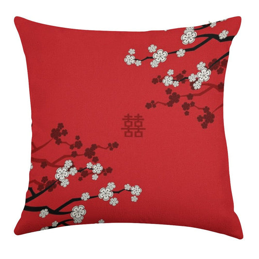 White Oriental Cherry Blossoms on Red And Chinese Wedding Double Happiness  Japanese Sakura © Fatfatin Linen Throw Pillow Cover