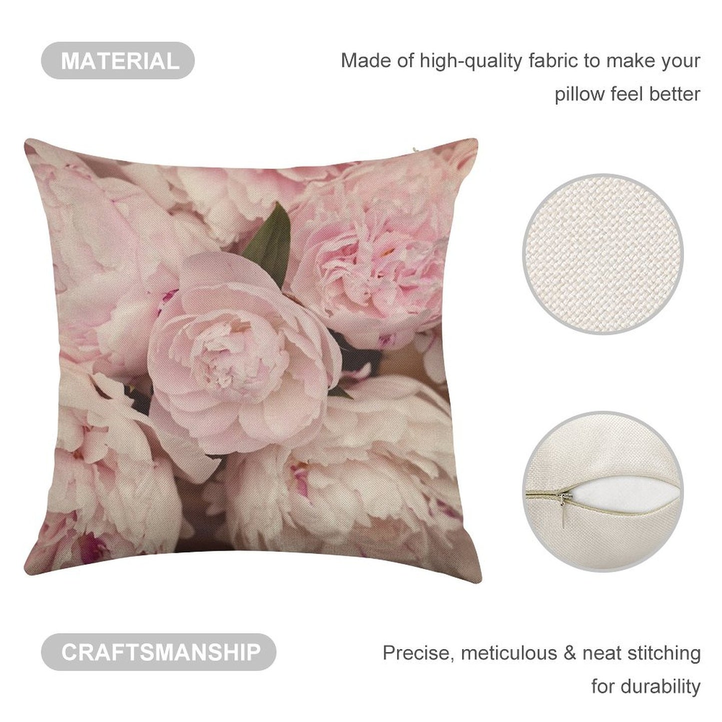 Pink Peony Flowers Linen Throw Pillow Cover