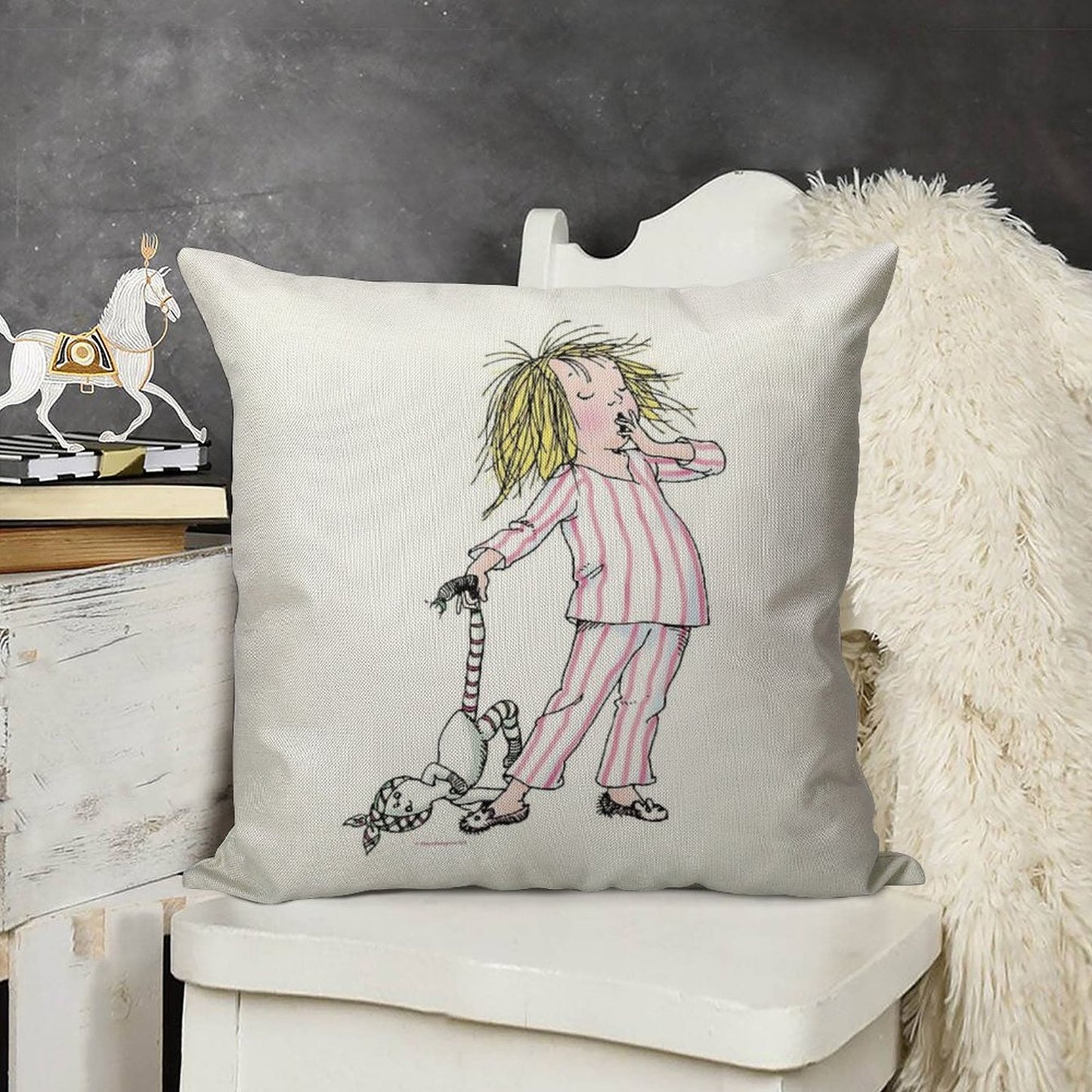 Yawning Eloise in Her Pajamas Linen Throw Pillow Cover