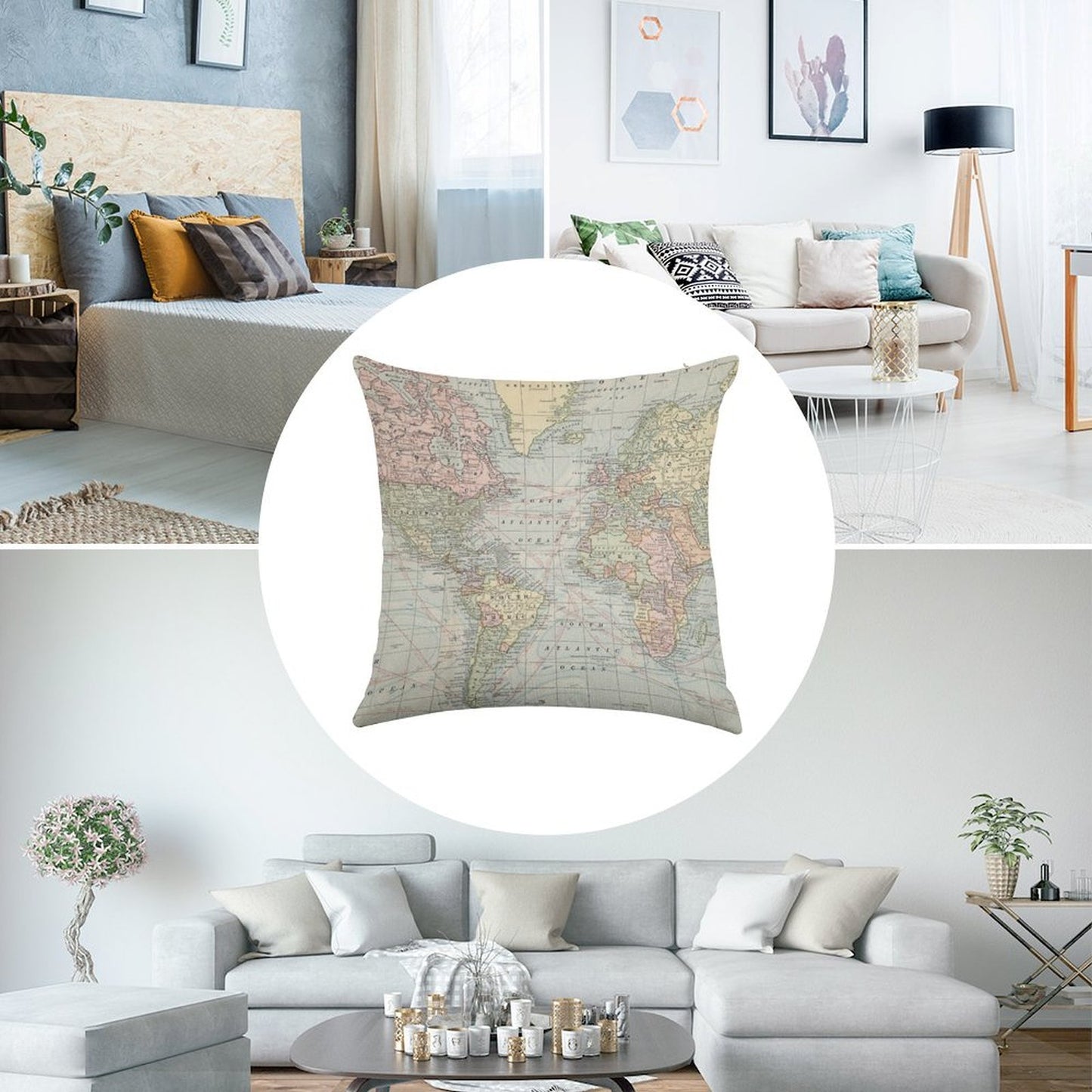 Vintage World Map Linen Throw Pillow Cover