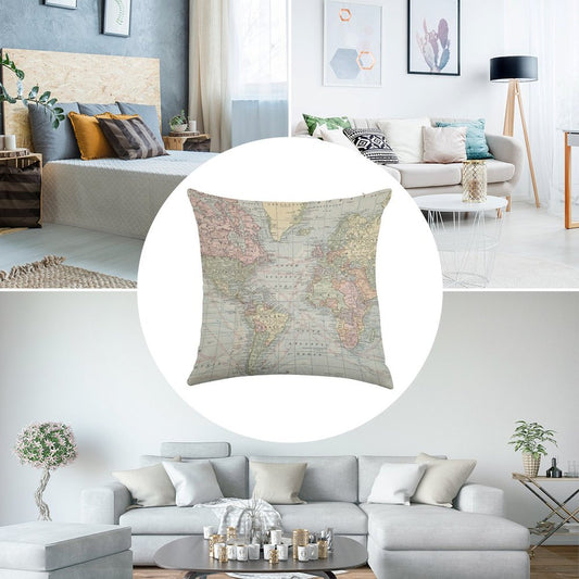Vintage World Map Linen Throw Pillow Cover