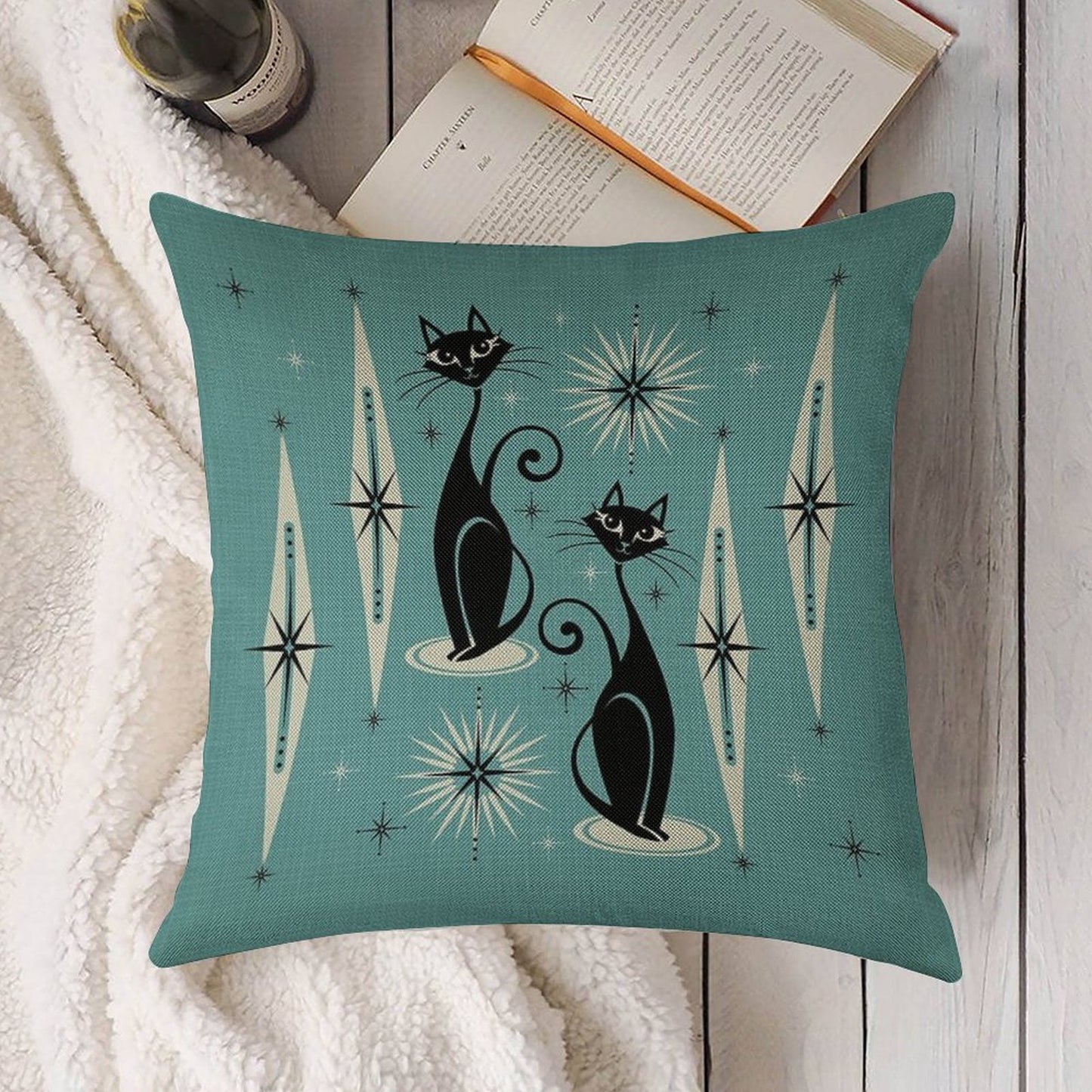 Mid Century Meow on Blue - Large Scale Linen Throw Pillow Cover