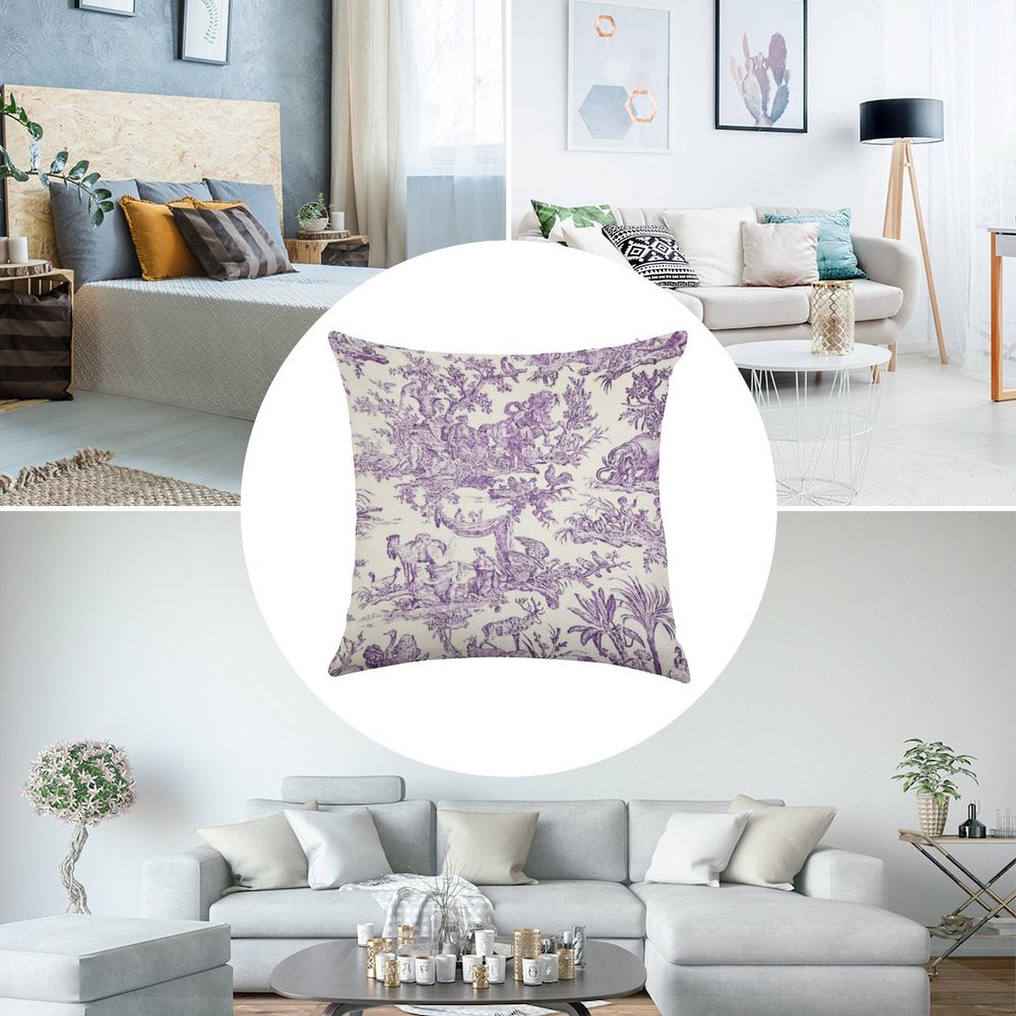 Purple Toile - French Countryside - English Linen Throw Pillow Cover