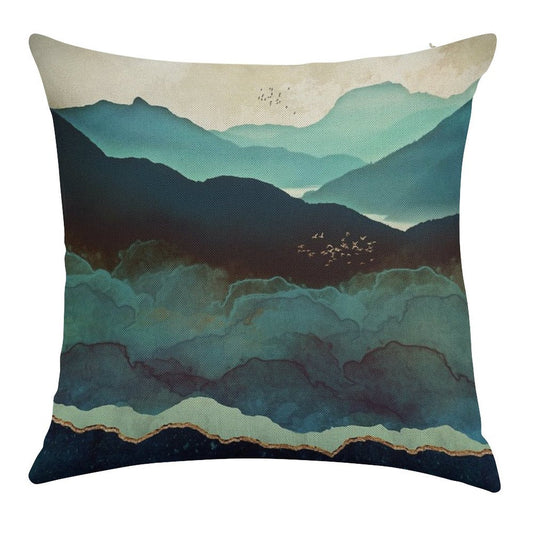 Indigo Mountains Linen Throw Pillow Cover