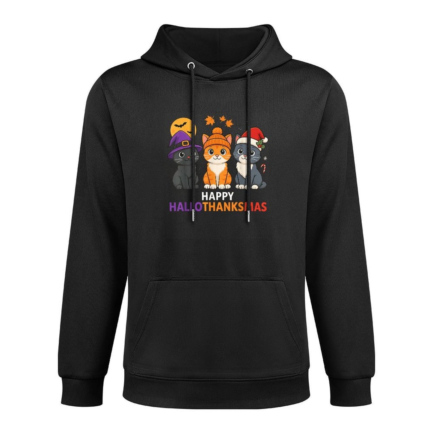 Cat Halloween Christmas Happy Hallothanksmas Thanksgiving Kangaroo Pocket Hoodie