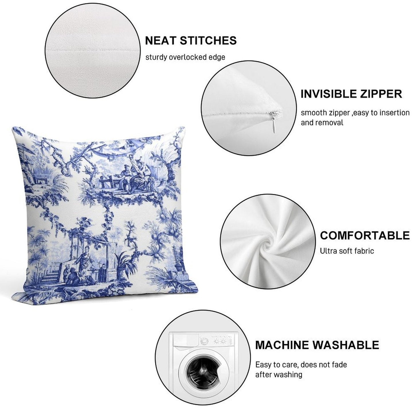 Blue Chinoiserie Toile Soft Hidden Zipper Throw Pillow